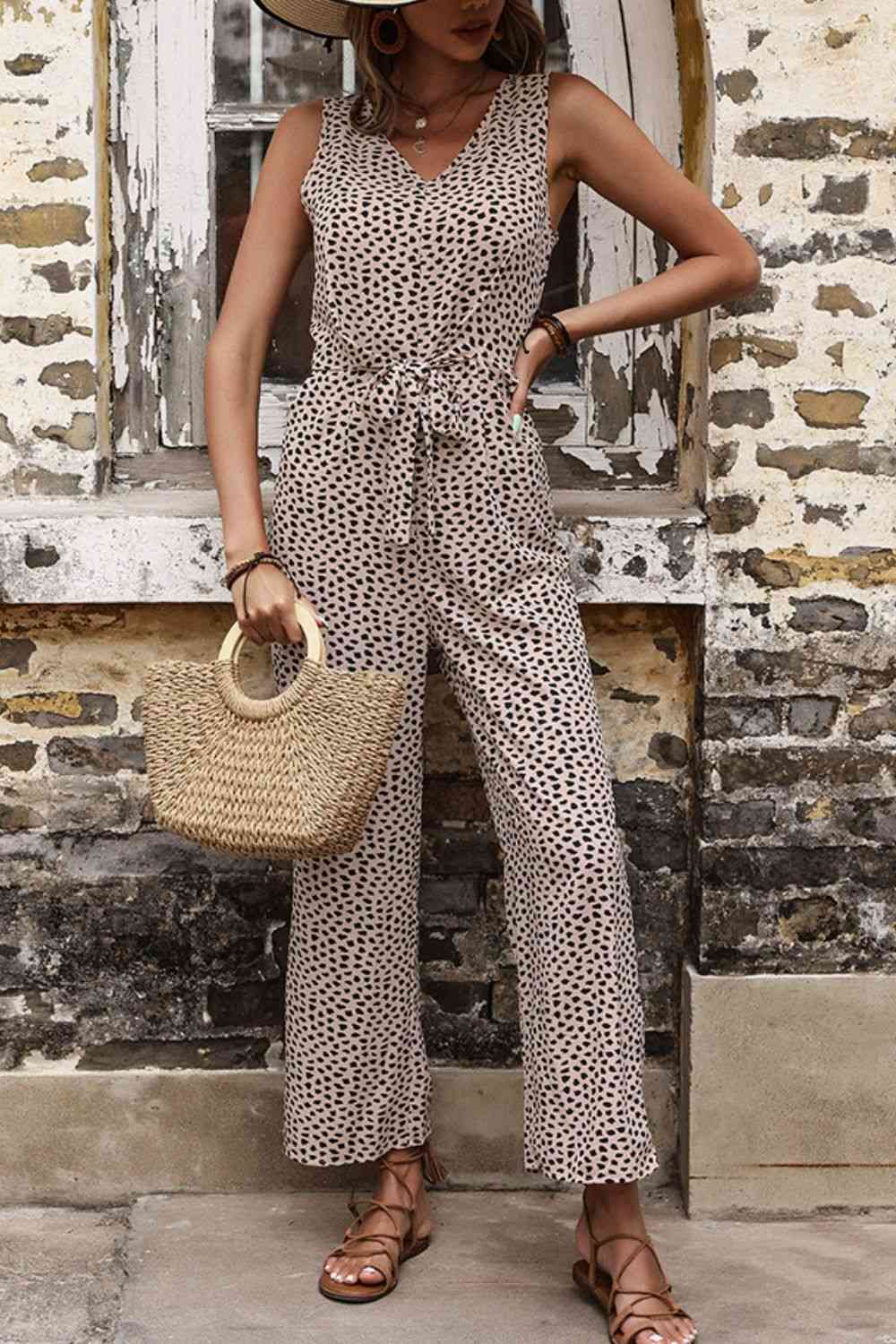 Printed Tie Front Sleeveless Jumpsuit - TRENDMELO