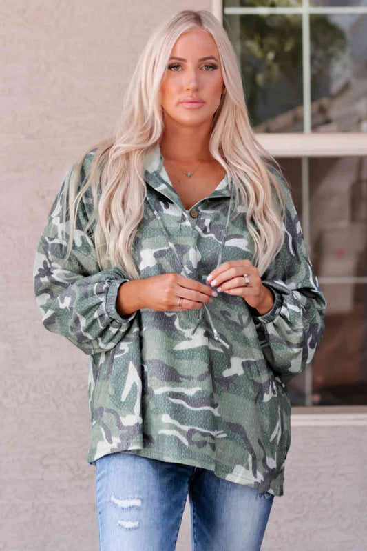 Camouflage Buttoned Dropped Shoulder Hoodie - TRENDMELO