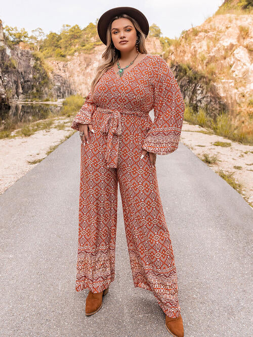 Plus Size Printed V-Neck Tie Front Balloon Sleeve Jumpsuit - TRENDMELO