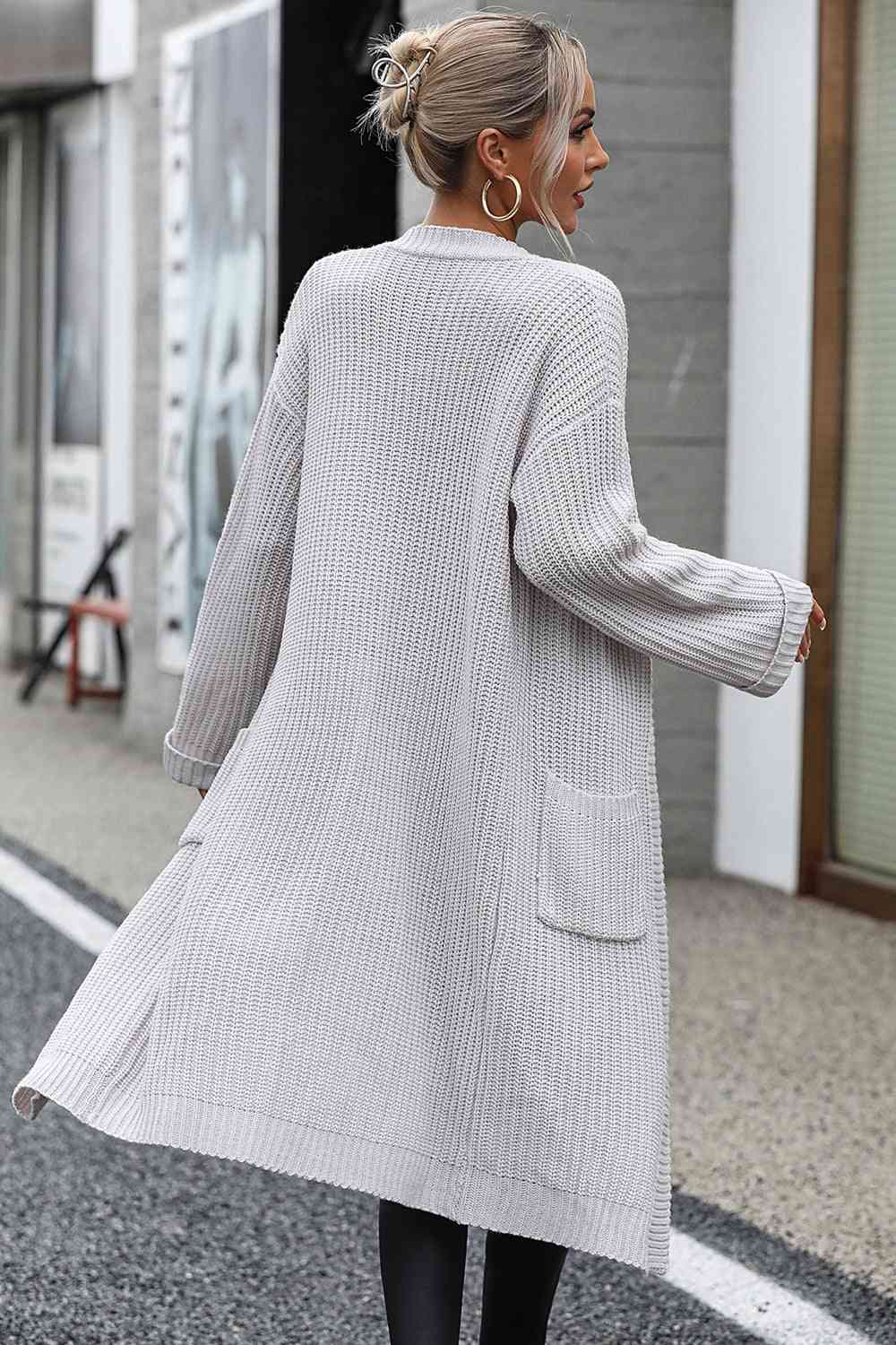 Dropped Shoulder Long Sleeve Cardigan with Pocket - TRENDMELO