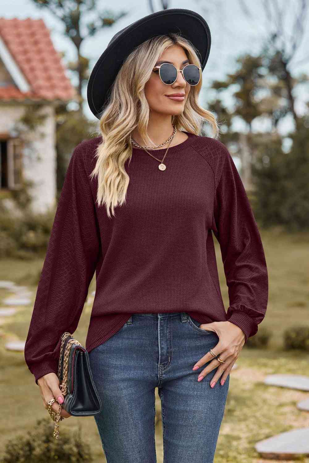 Round Neck Raglan Sleeve Sweatshirt - TRENDMELO