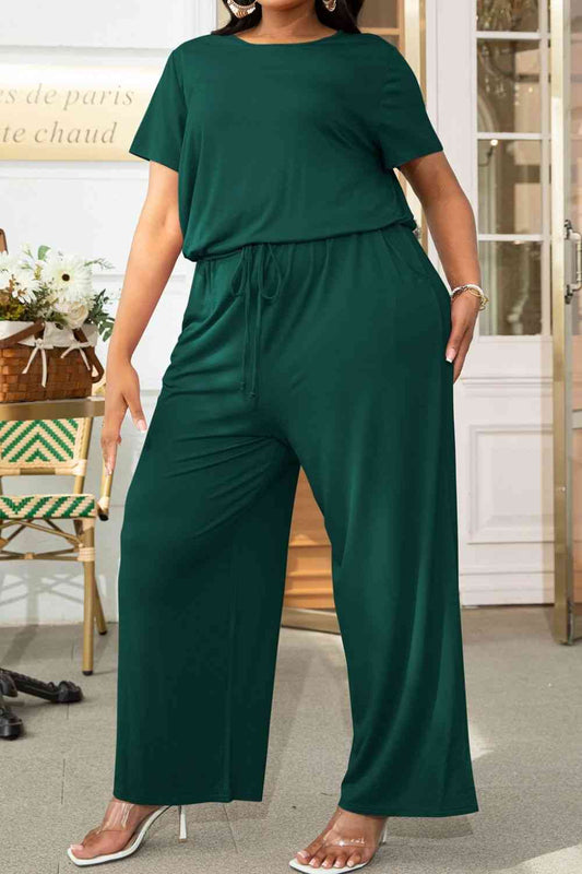 Plus Size Drawstring Waist Short Sleeve Jumpsuit - TRENDMELO