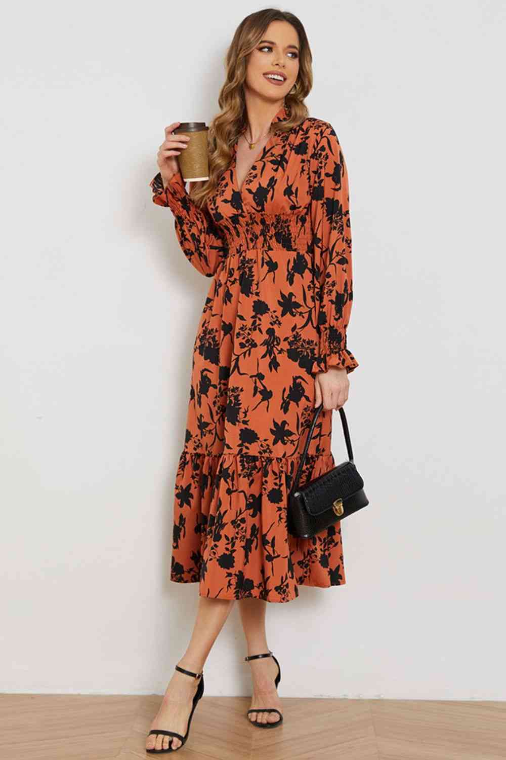 Floral Smocked Long Flounce Sleeve Dress - TRENDMELO