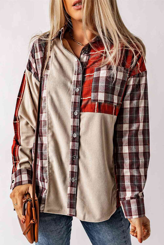 Plaid Collared Neck Buttoned Shirt with Pocket - TRENDMELO