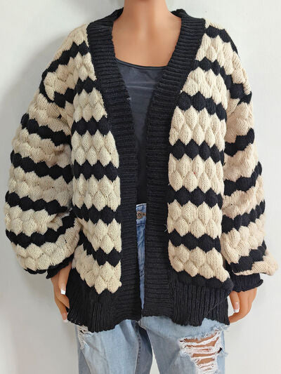 Striped Contrast Open Front Long Sleeve Cardigan - TRENDMELO