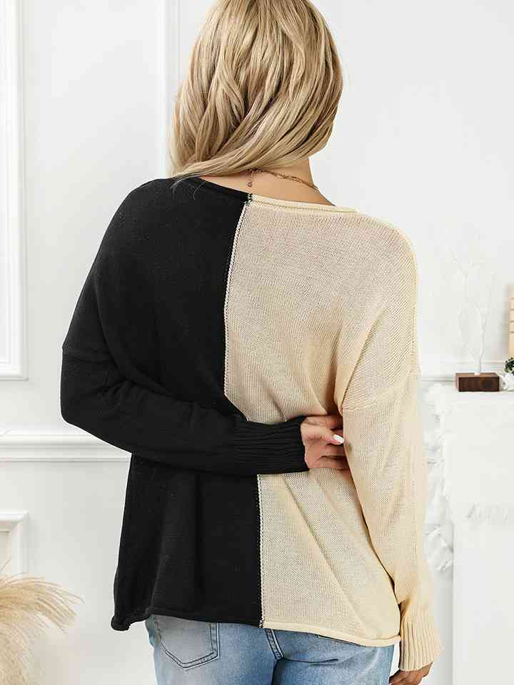 Two-Tone V-Neck Long Sleeve Knit Top - TRENDMELO