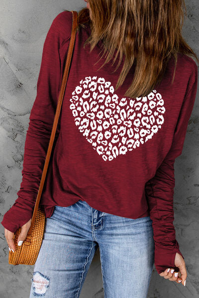 Heart Graphic Round Neck Long Sleeve T-Shirt - TRENDMELO