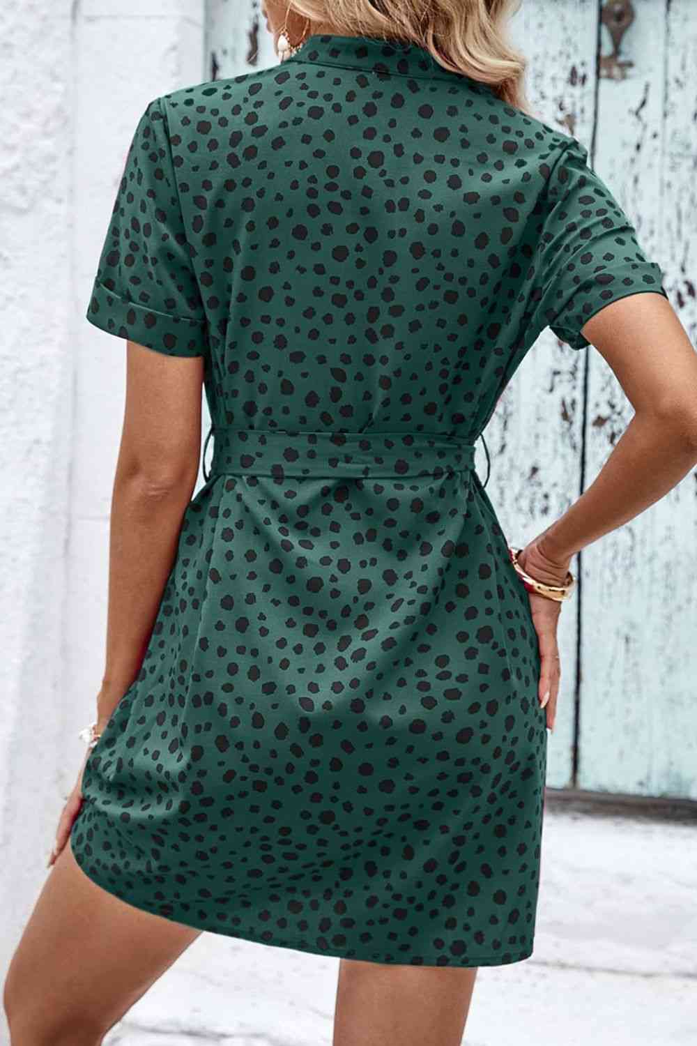 Dotted Short Sleeve Tie Belt Dress - TRENDMELO