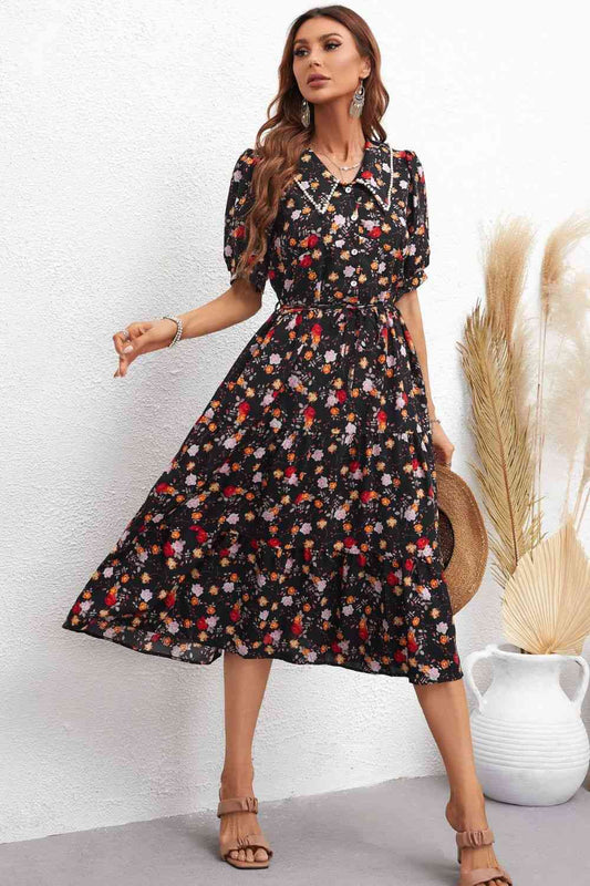 Floral Collared Neck Puff Sleeve Dress - TRENDMELO