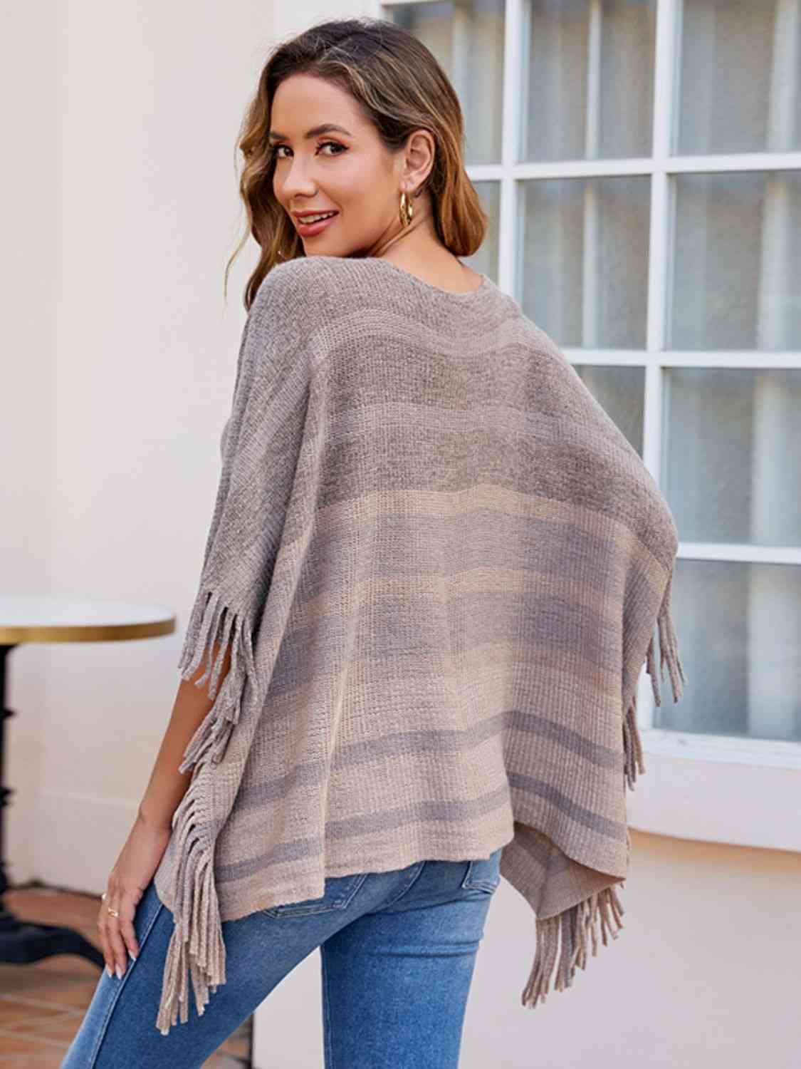 Striped Boat Neck Poncho with Fringes - TRENDMELO