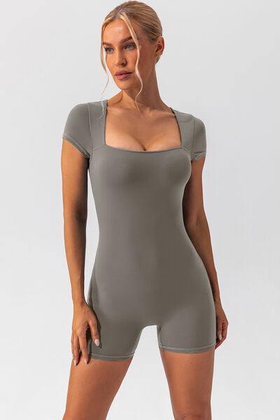 Square Neck Cap Sleeve Active Romper - TRENDMELO