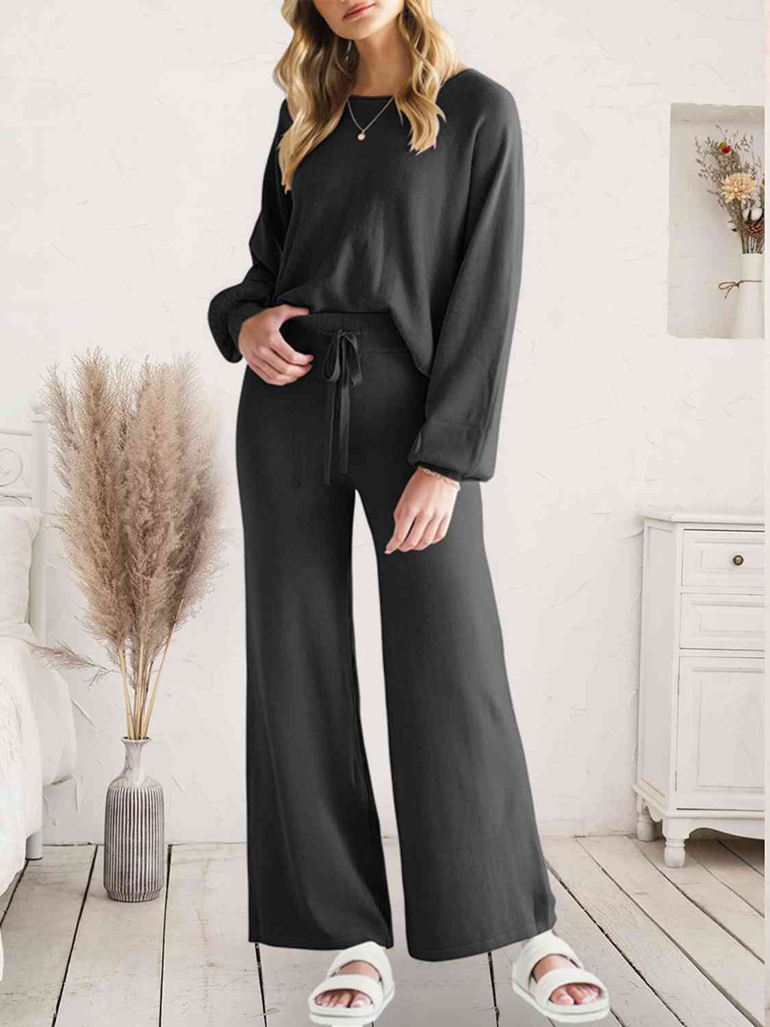 Long Sleeve Lounge Top and Drawstring Pants Set - TRENDMELO