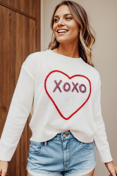 XOXO Heart Round Neck Dropped Shoulder Sweater - TRENDMELO