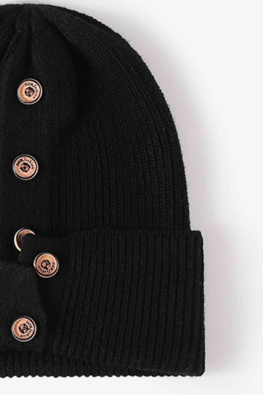 Button Detail Rib-Knit Cuff Beanie - TRENDMELO