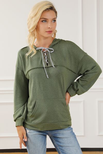 Lace-Up Exposed Seam Hoodie with Pocket - TRENDMELO