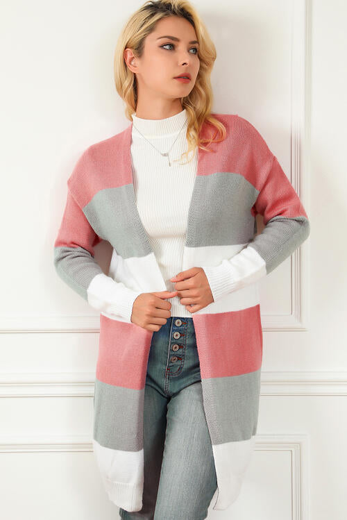 Striped Open Front Long Sleeve Cardigan - TRENDMELO