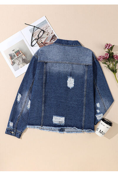 Plus Size Distressed Button Up Raw Hem Denim Jacket - TRENDMELO