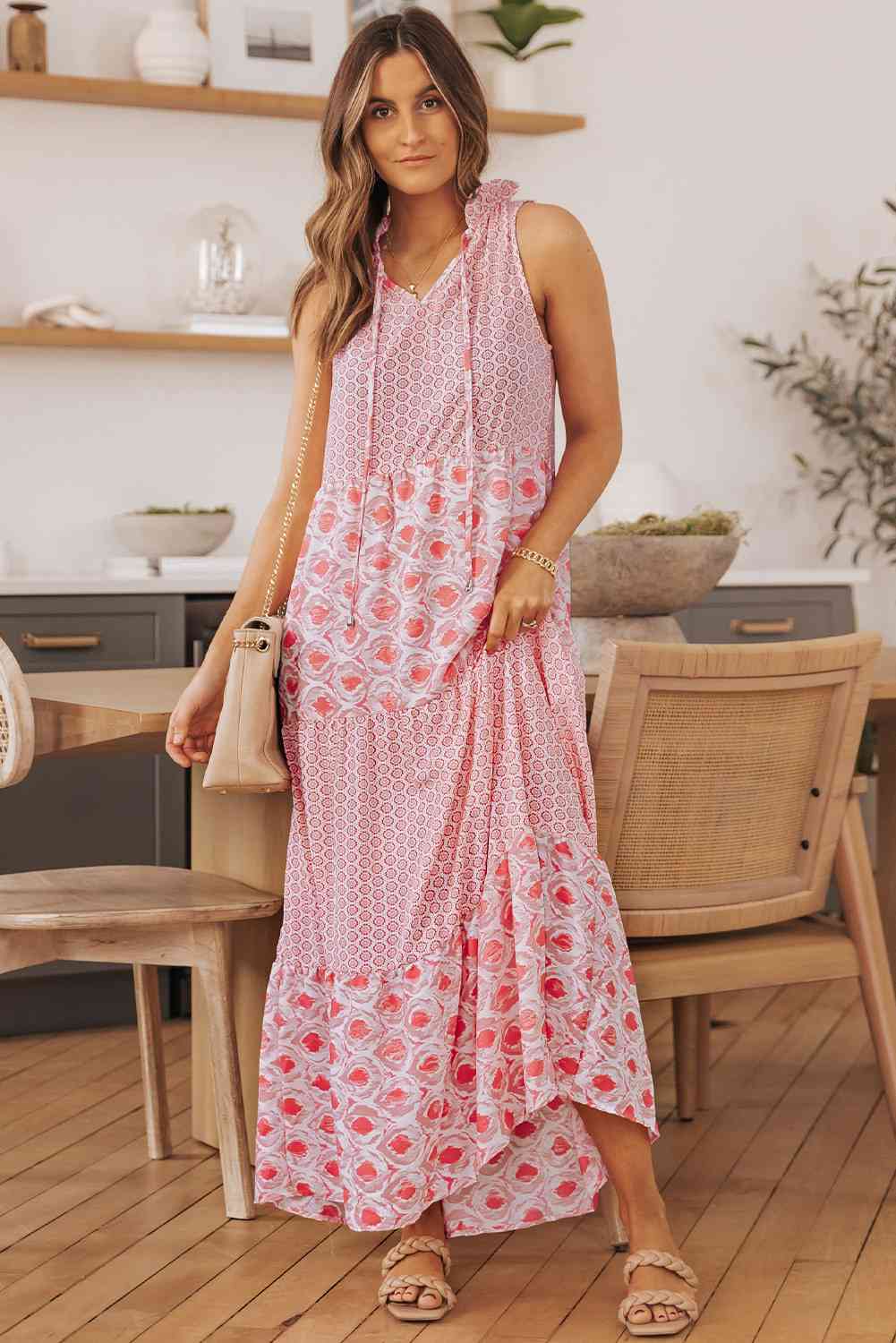 Mixed Print Tie-Neck Sleeveless Maxi Dress - TRENDMELO