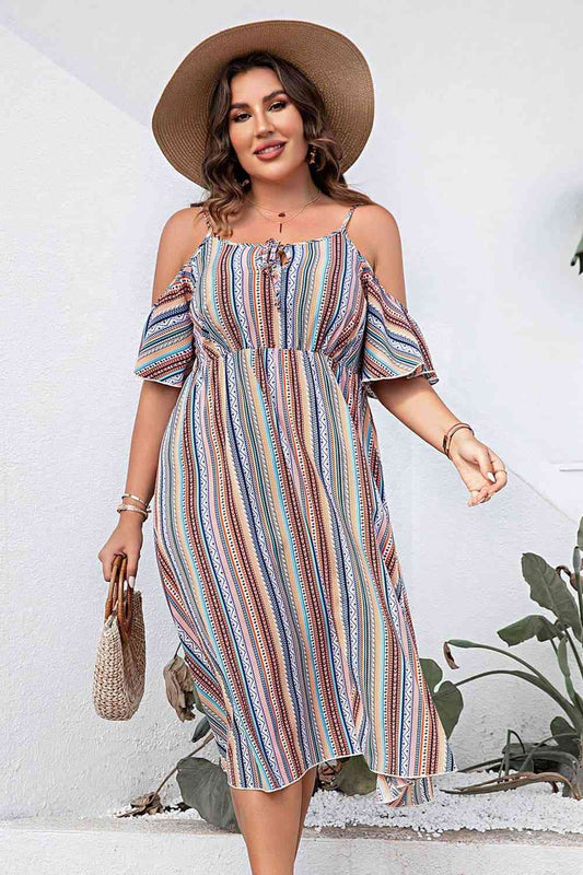 Plus Size Striped Cold-Shoulder Dress - TRENDMELO