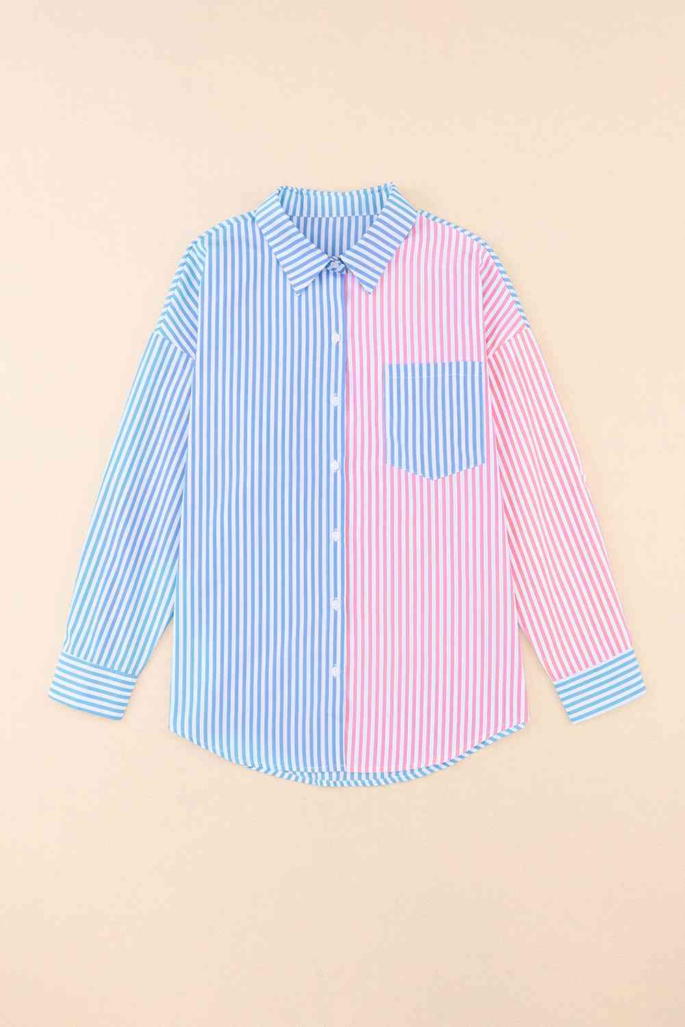 Striped Two-Tone Long Sleeve Shirt with Pocket - TRENDMELO