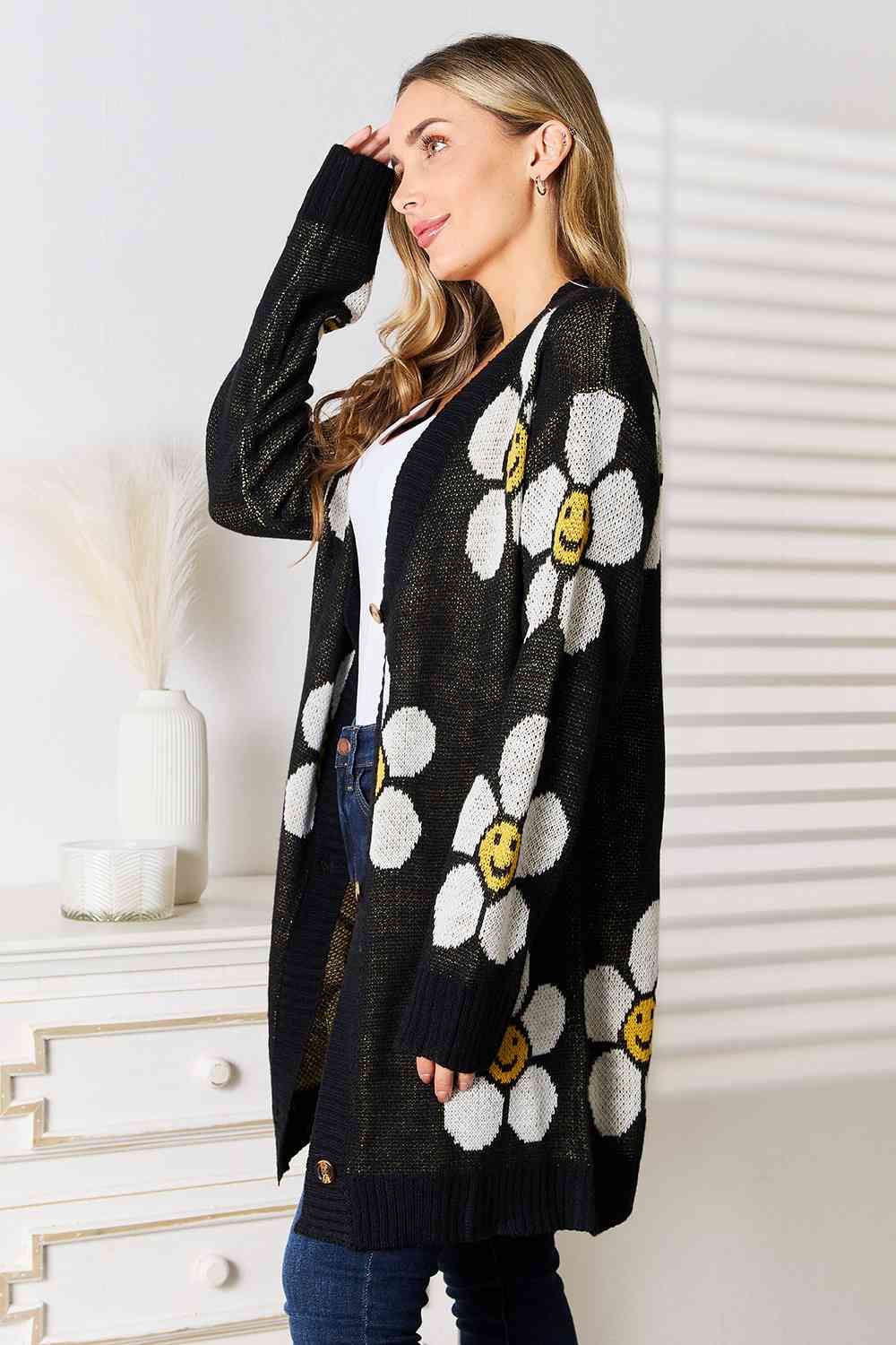 Double Take Floral Button Down Longline Cardigan - TRENDMELO