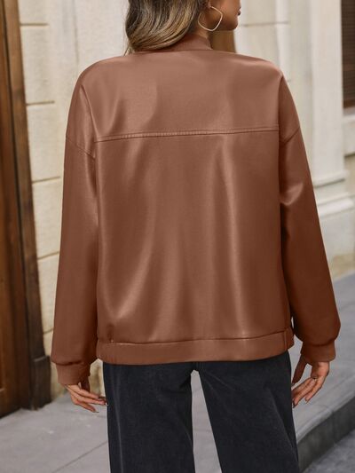 Zip Up Baseball Collar Dropped Shoulder Jacket - TRENDMELO