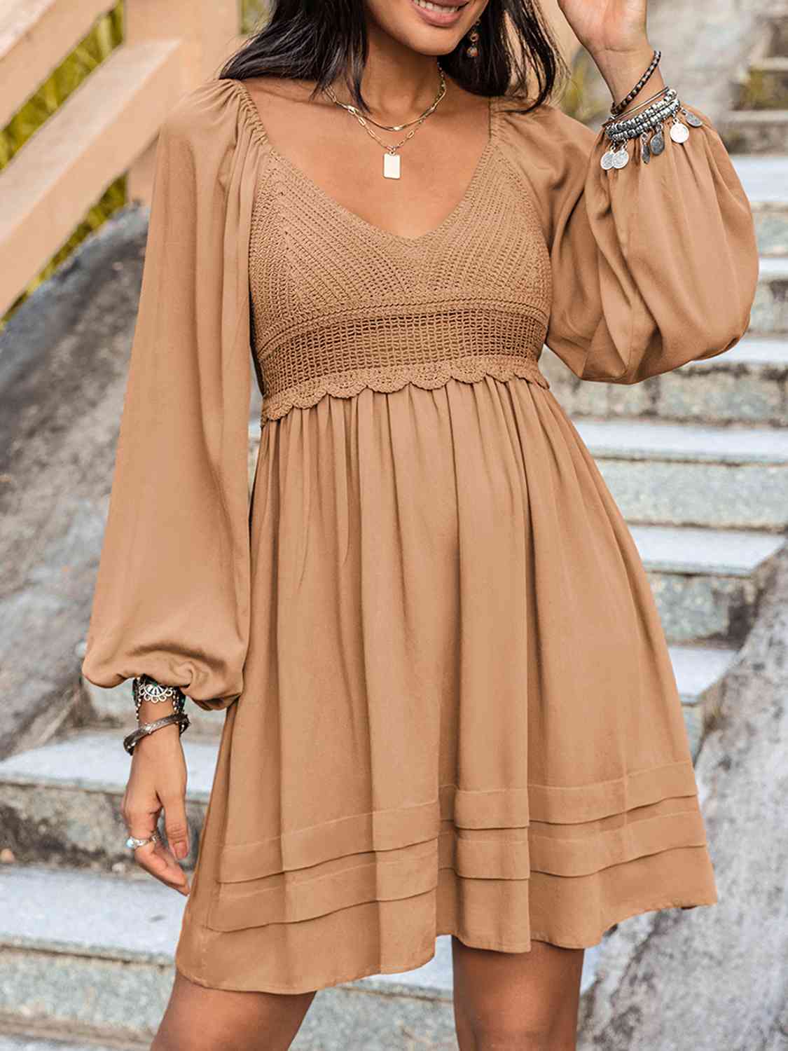 Crochet V-Neck Balloon Sleeve Dress - TRENDMELO