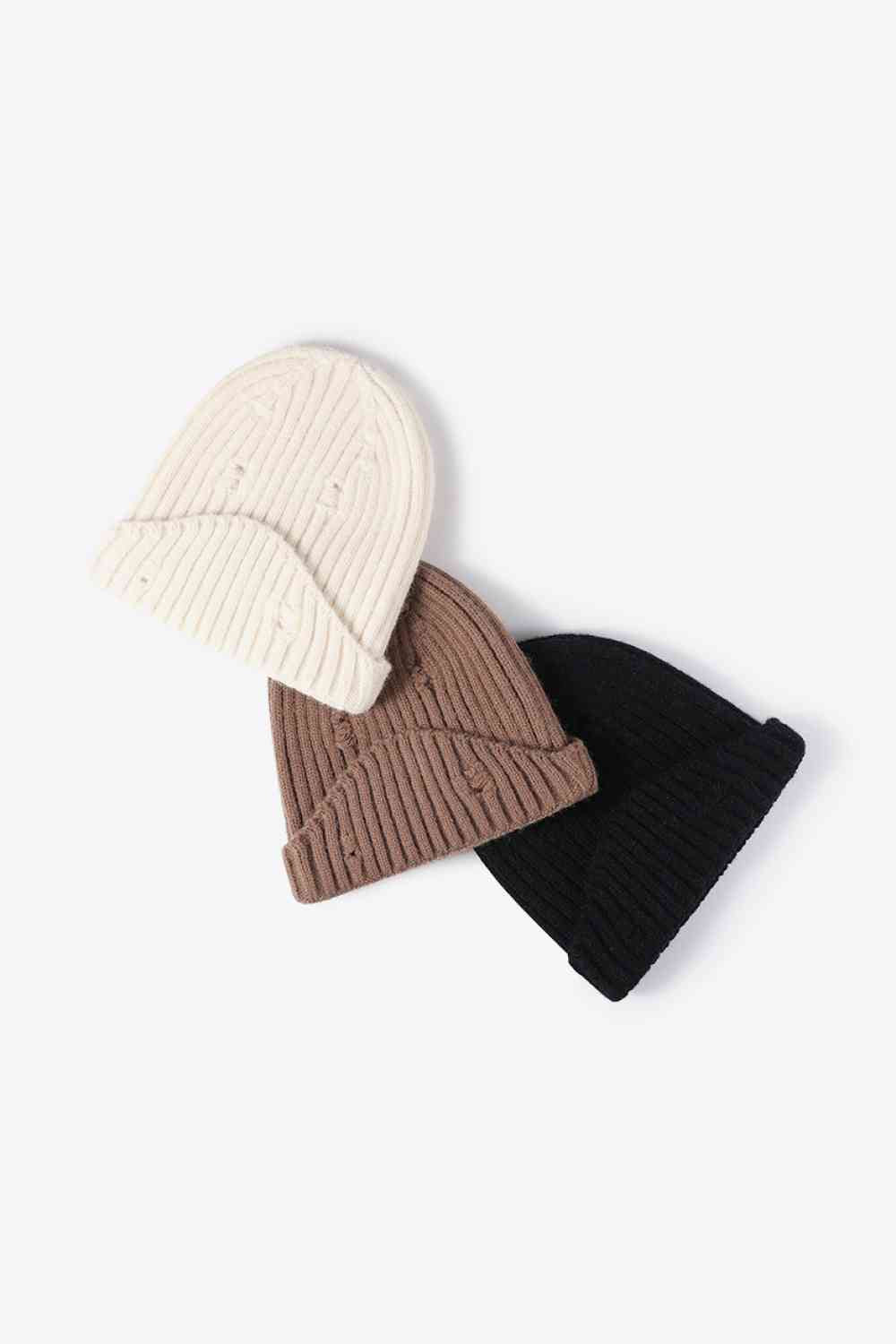 Distressed Rib-Knit Beanie - TRENDMELO