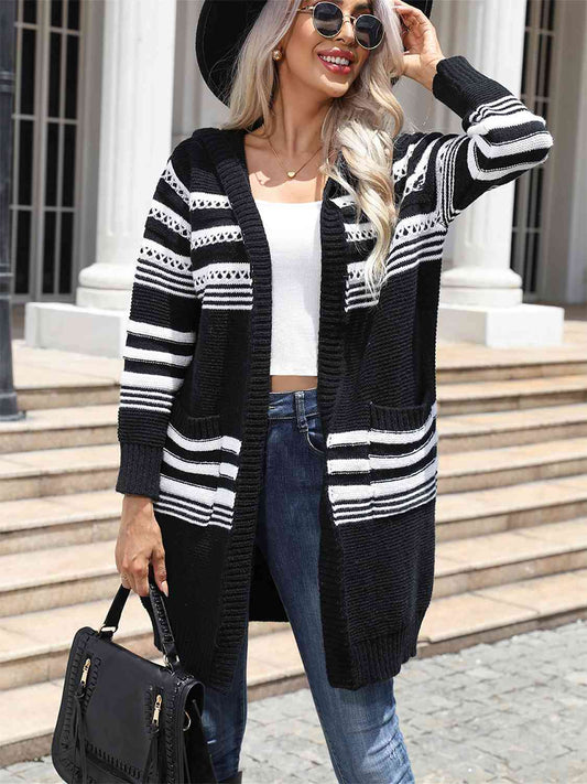 Striped Open Front Hooded Cardigan - TRENDMELO