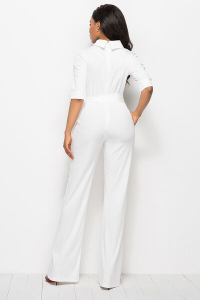 Mock Neck Tie-Waist Half Sleeve Jumpsuit - TRENDMELO