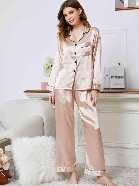 Lapel Collar Long Sleeve Top and Pants Pajama Set - TRENDMELO