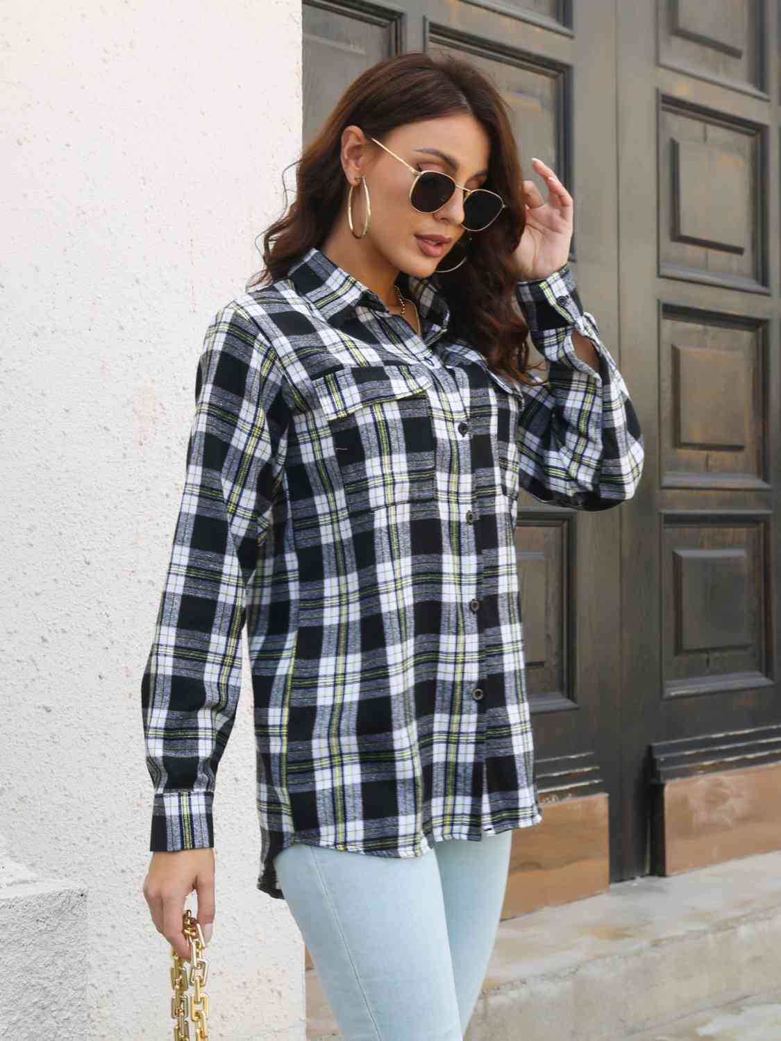 Plaid Collared Neck Buttoned Shirt with Pockets - TRENDMELO