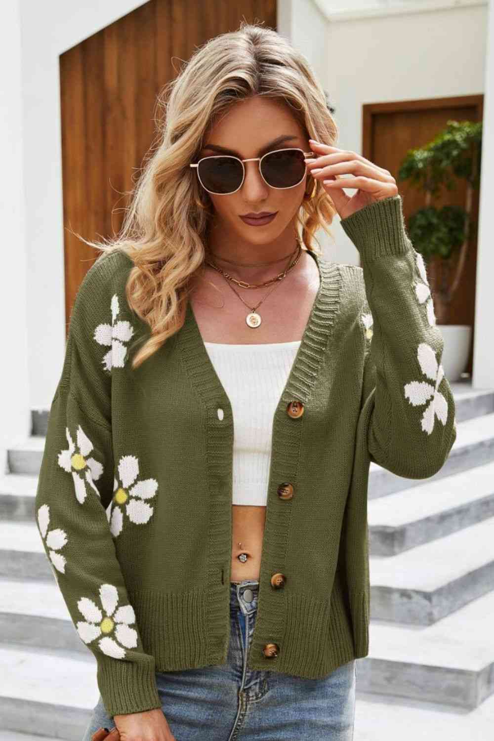 Floral Ribbed Trim Drop Shoulder Cardigan - TRENDMELO