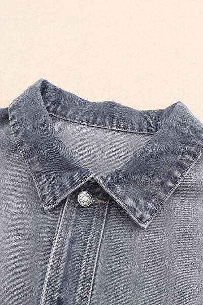 Button Up Dropped Shoulder Denim Jacket with Pockets - TRENDMELO