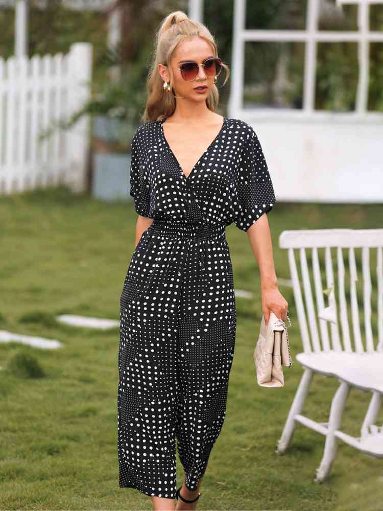 Polka Dot Surplice Neck Jumpsuit with Pockets - TRENDMELO