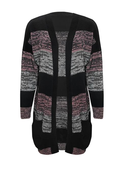 Striped Open Front Long Sleeve Cardigan with Pockets - TRENDMELO