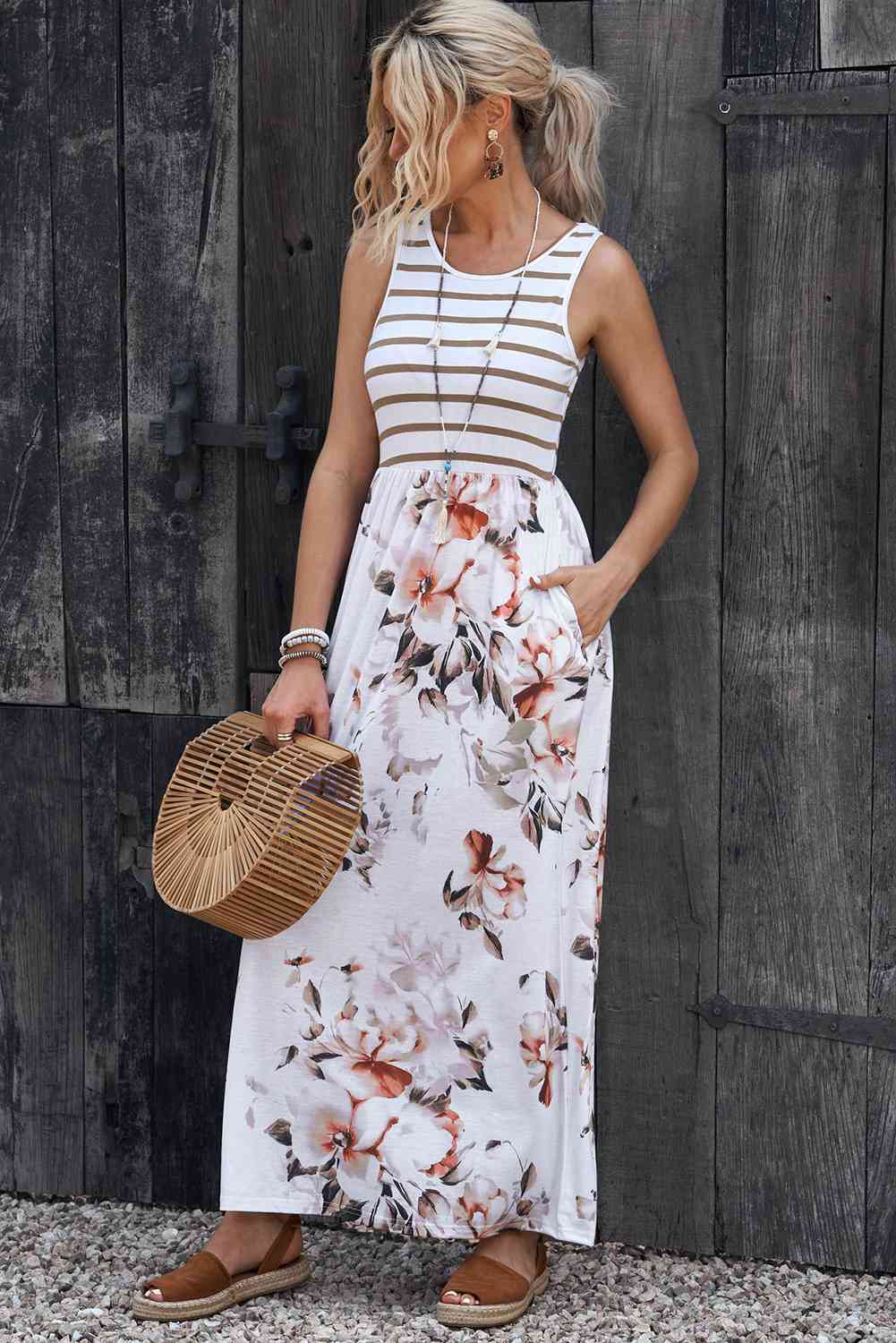 Striped Floral Round Neck Sleeveless Maxi Dress - TRENDMELO