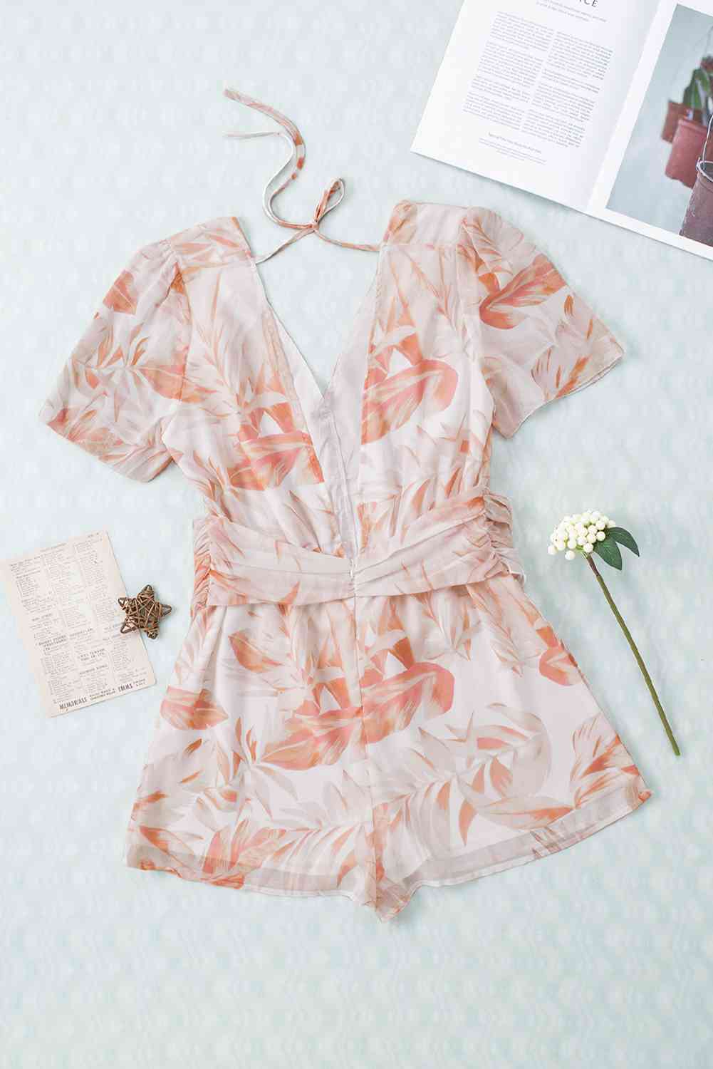 Printed Short Sleeve Tie Front Romper - TRENDMELO