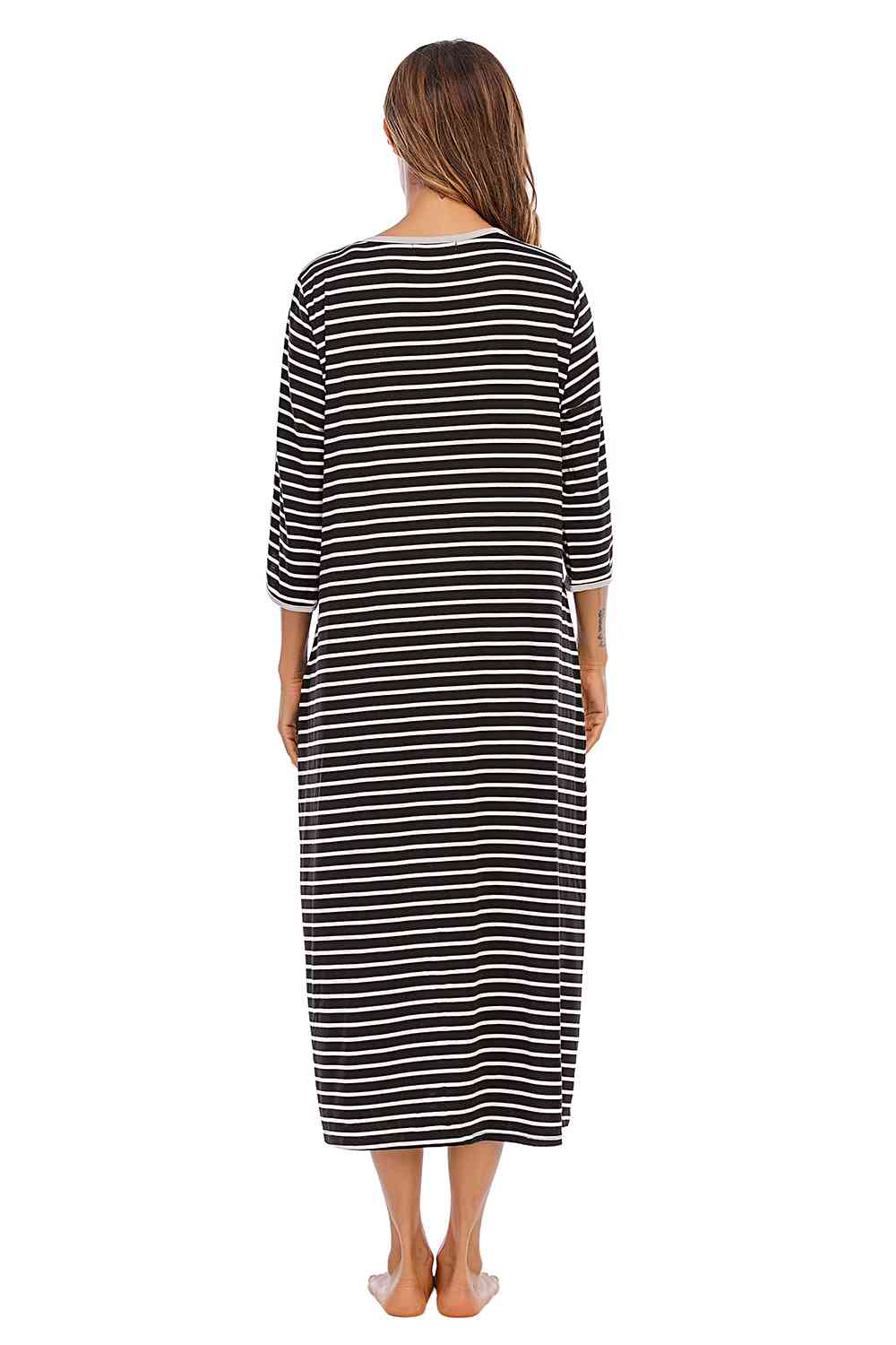 Round Neck Three-Quarter Sleeve Midi Night Dress - TRENDMELO