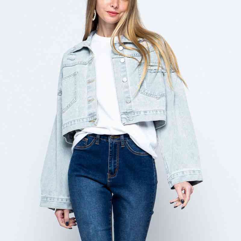 Cropped Collared Neck Dropped Shoulder Denim Jacket - TRENDMELO