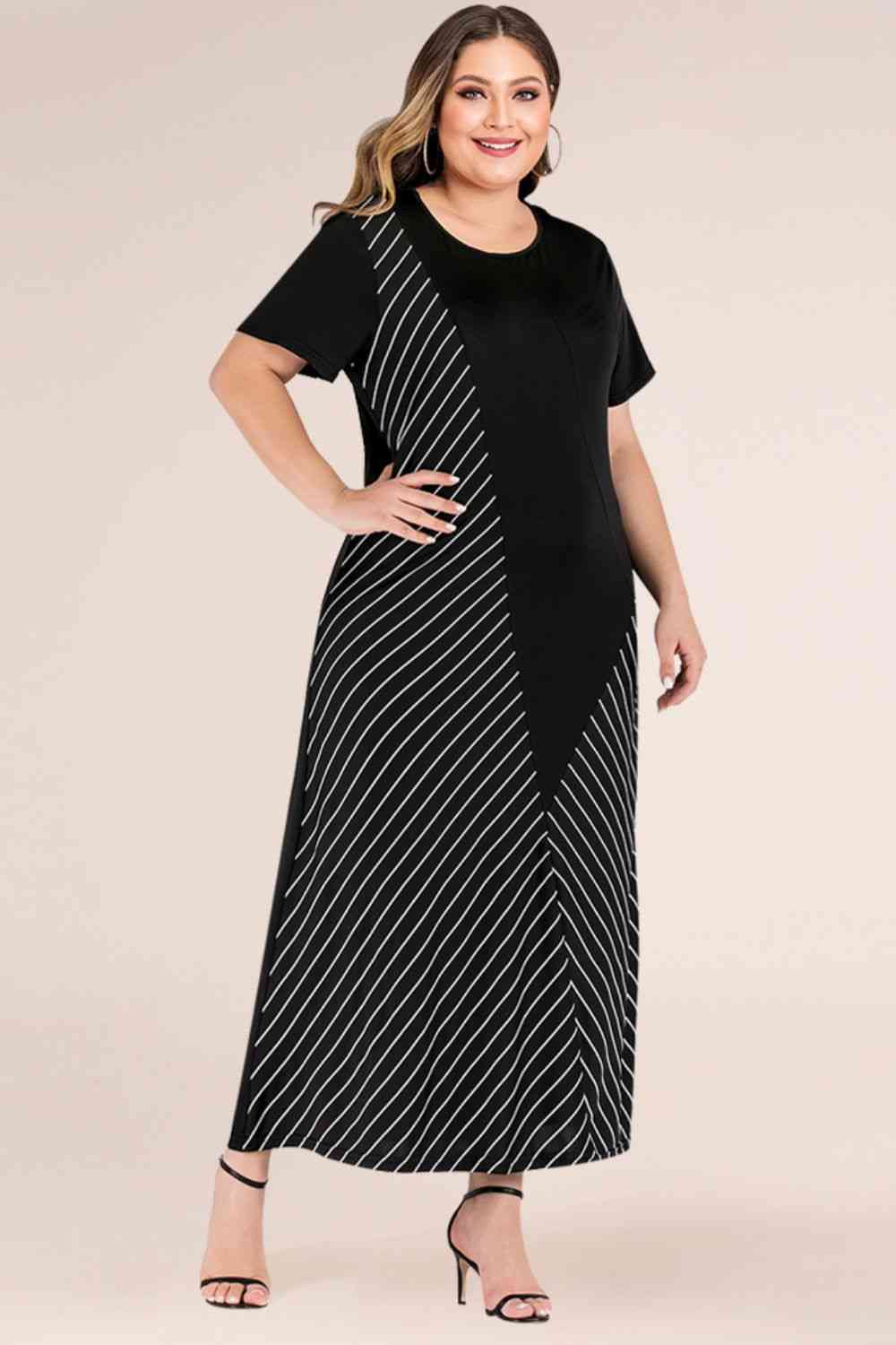 Plus Size Striped Color Block Tee Dress - TRENDMELO