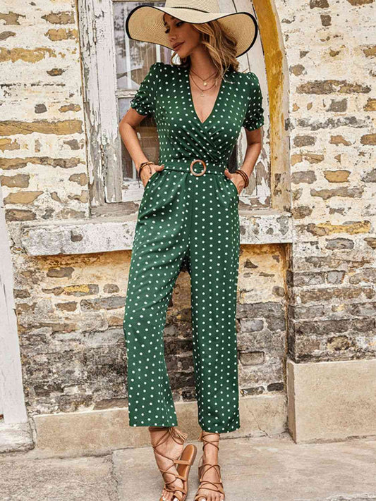 Polka Dot Belted Flounce Sleeve Jumpsuit with Pockets - TRENDMELO