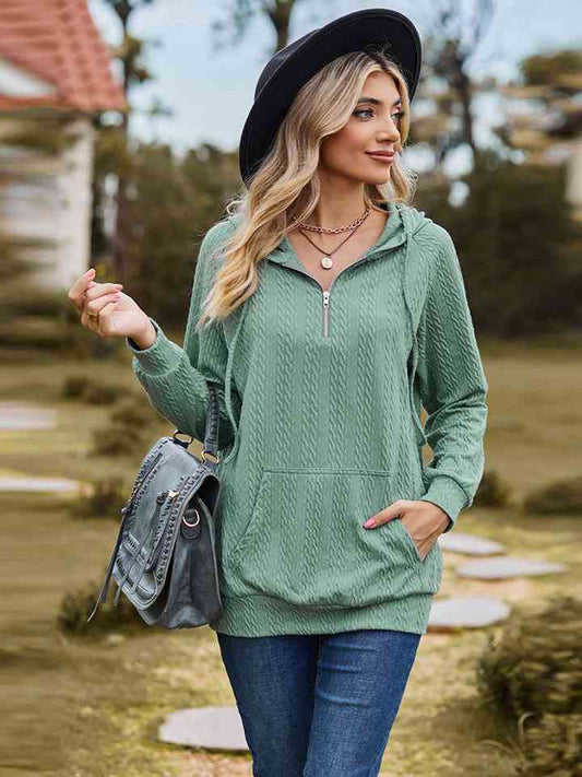 Cable-Knit Zip-Up Hooded Blouse - TRENDMELO