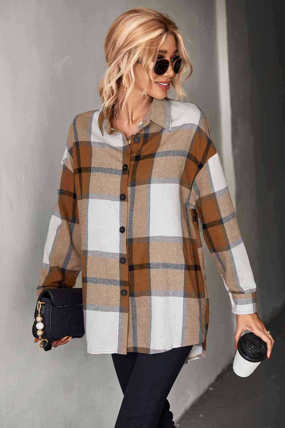 Plaid Collared Neck Longline Shirt - TRENDMELO