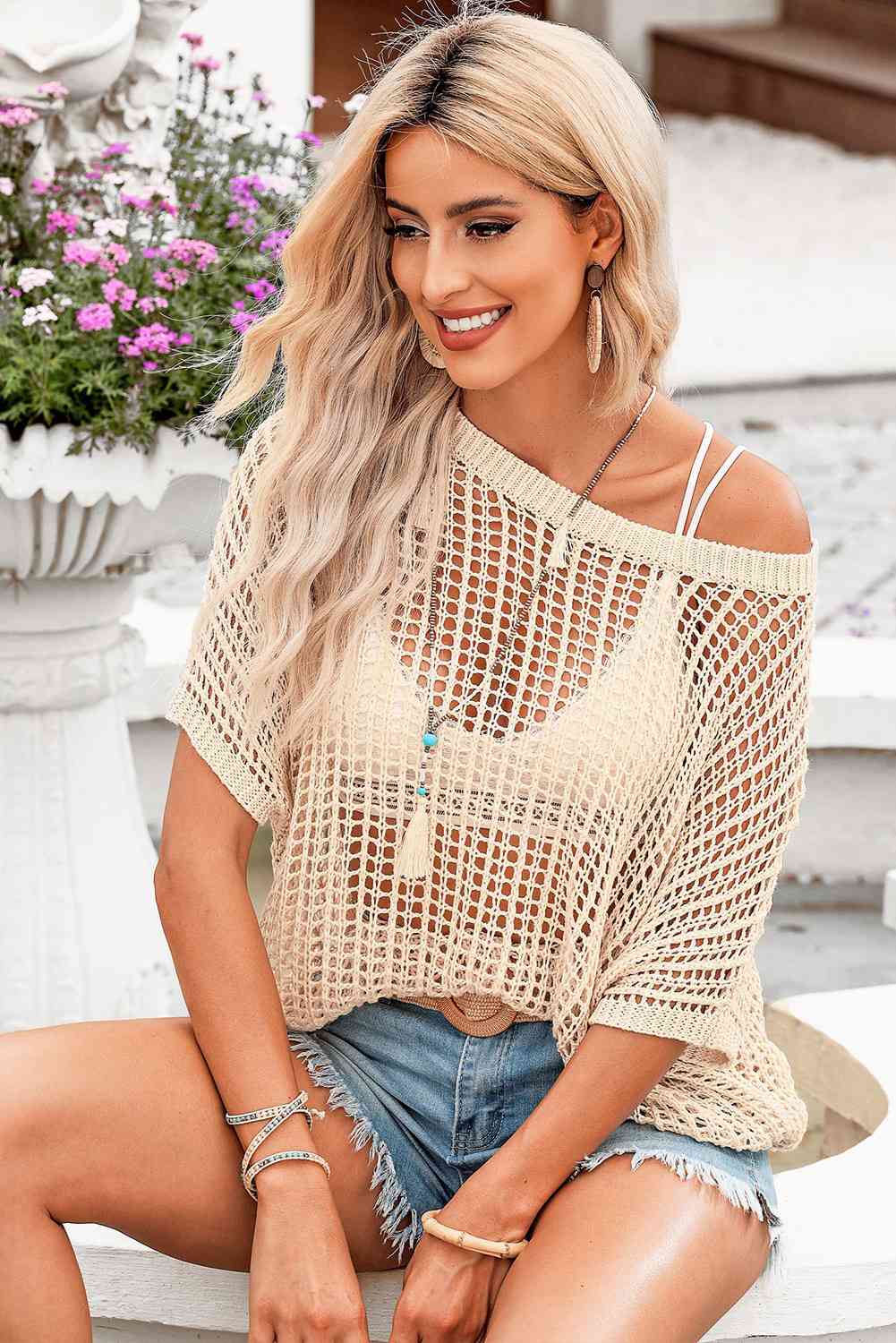 Openwork Round Neck Half Sleeve Knit Top - TRENDMELO