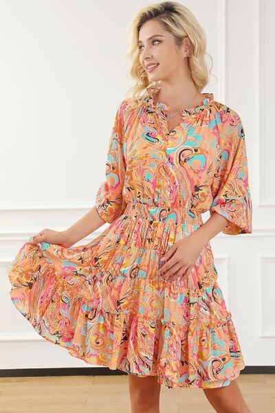 Printed Smocked Frill Tiered Dress - TRENDMELO