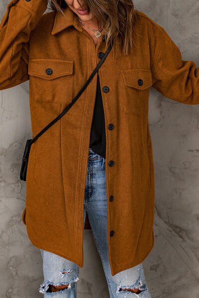 Pocketed Button Up Dropped Shoulder Jacket - TRENDMELO