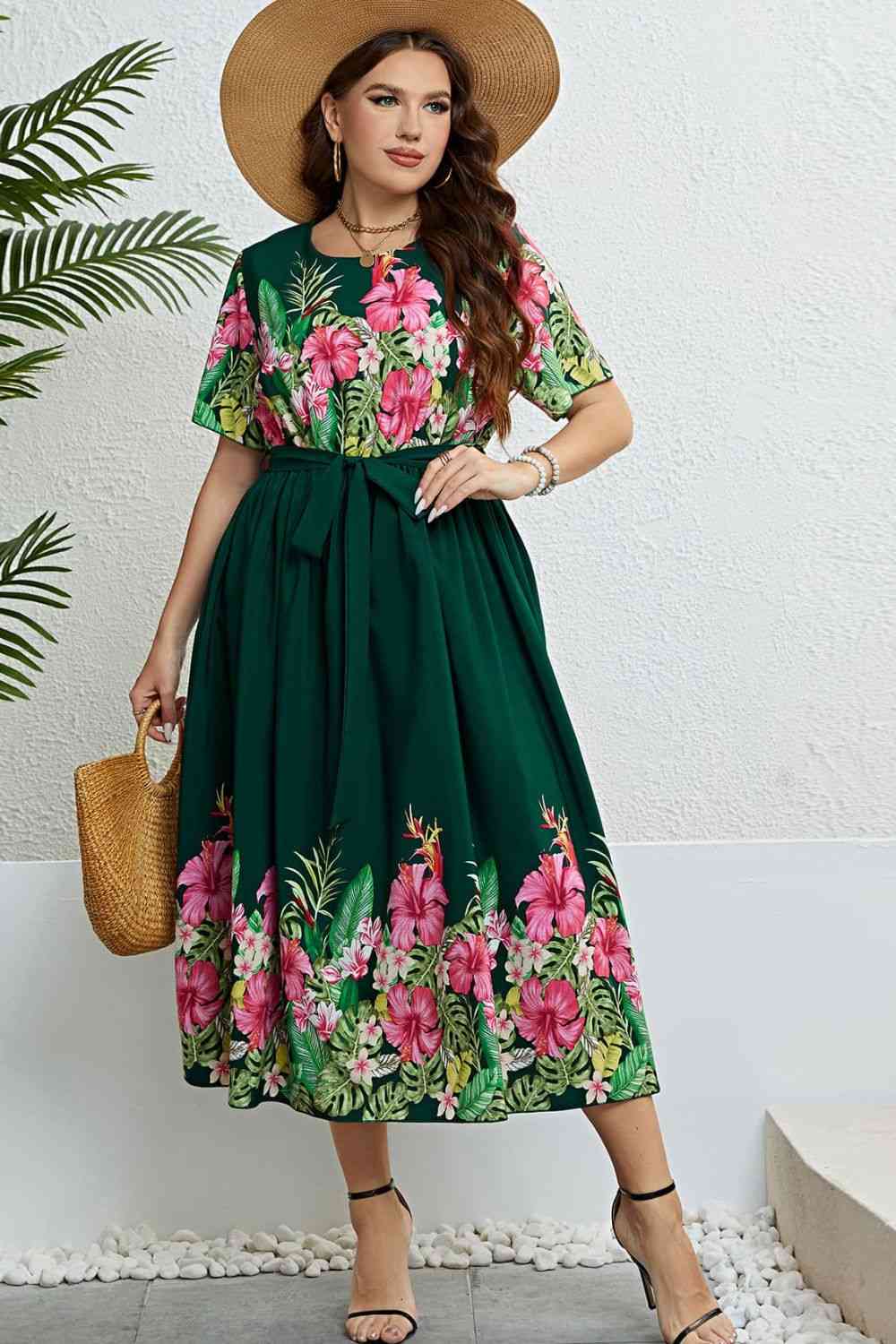 Floral Tie-Waist Round Neck Dress - TRENDMELO