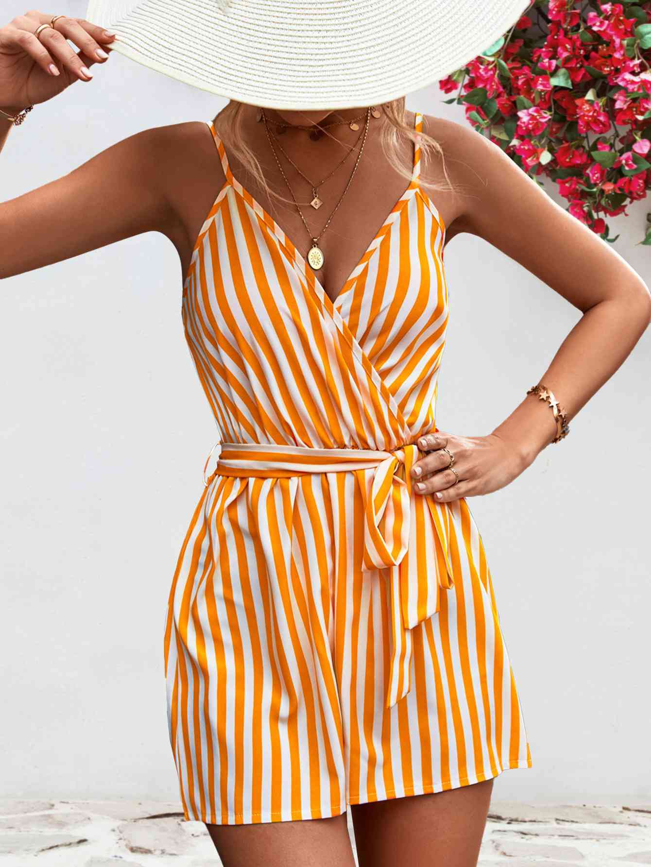 Striped Tie Waist Spaghetti Strap Romper - TRENDMELO