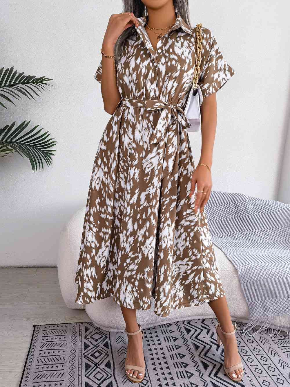 Printed Collared Neck Short Sleeve Tie Waist Dress - TRENDMELO